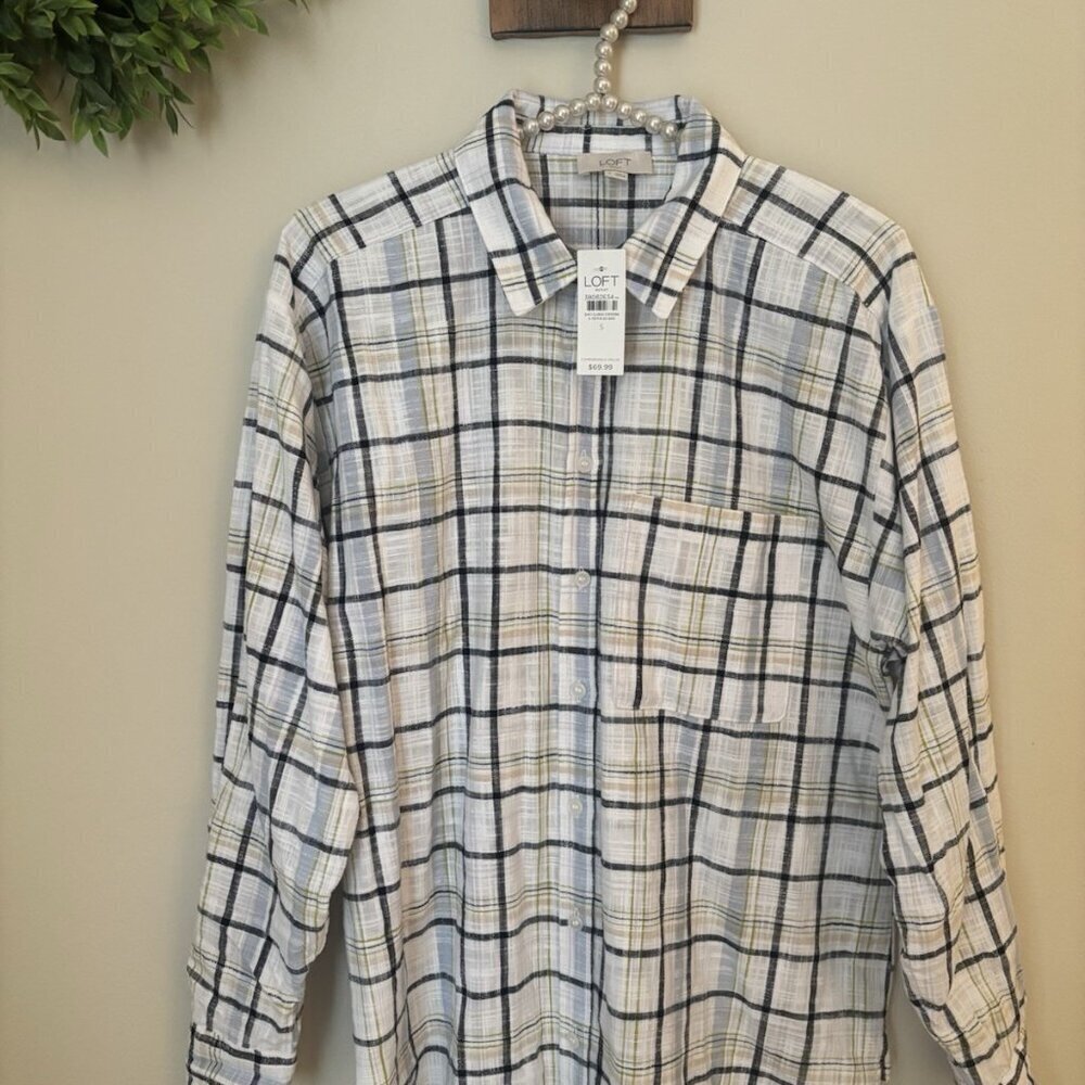 NWT LOFT Womens Size Small White Plaid Tunic Blouse Long Sleeve Cotton